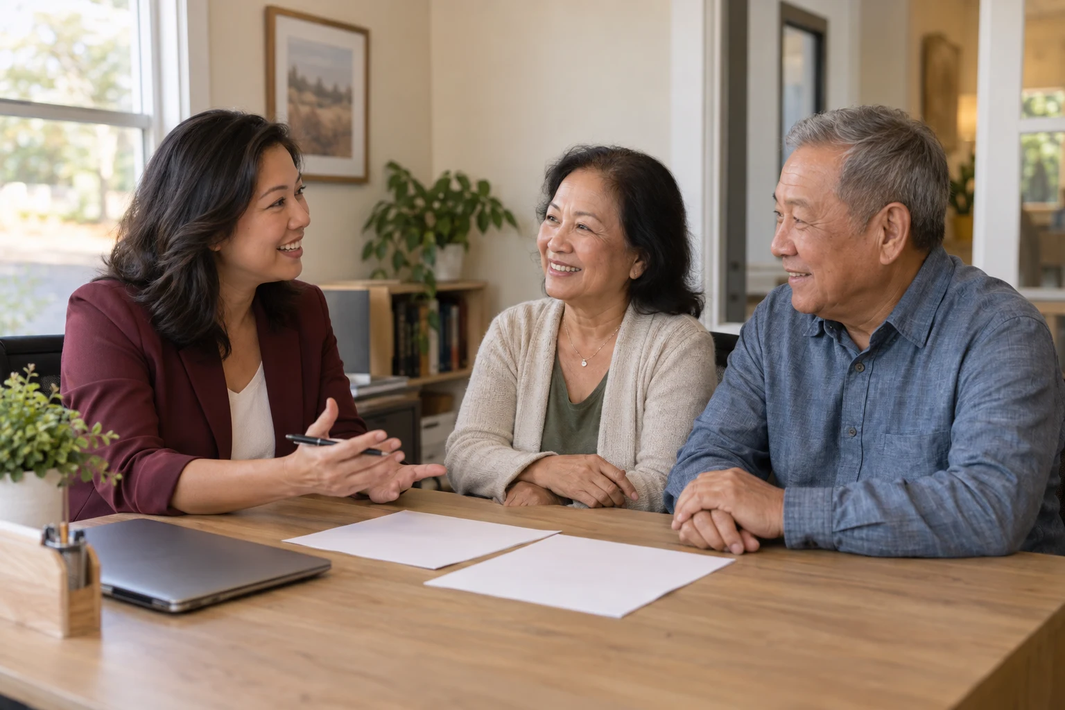 Asian American advisor discussing paperwork with an older couple