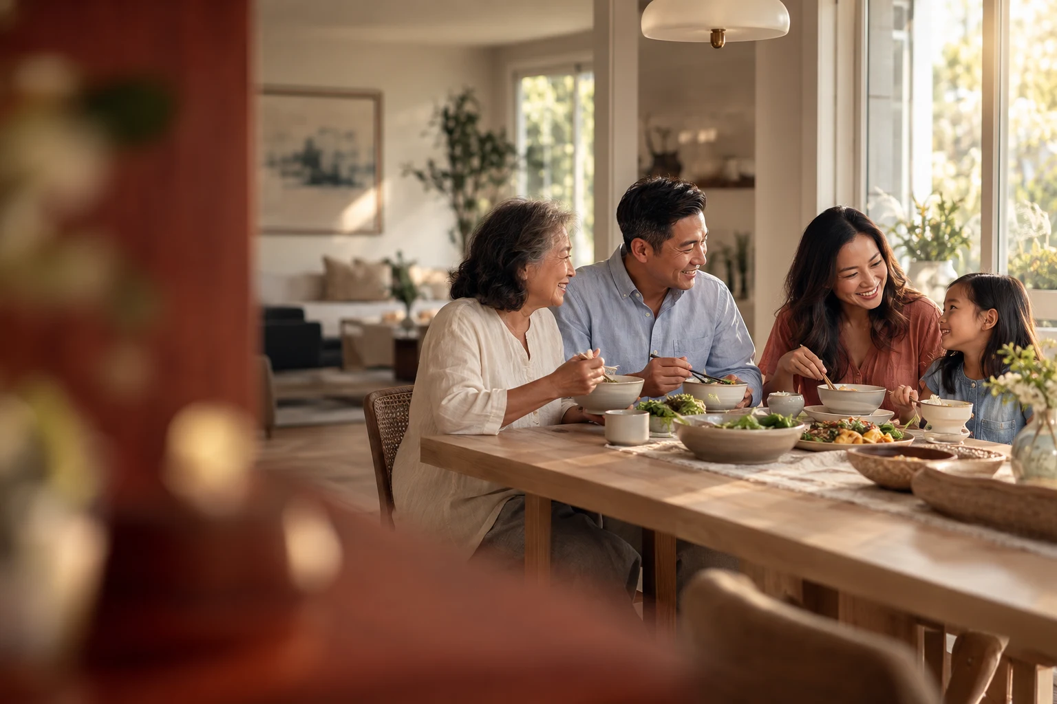 A Vietnamese American family enjoying a meal together