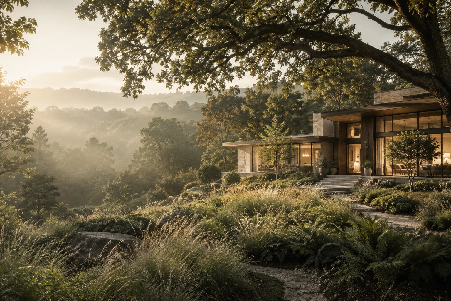 A home surrounded by trees and landscaping