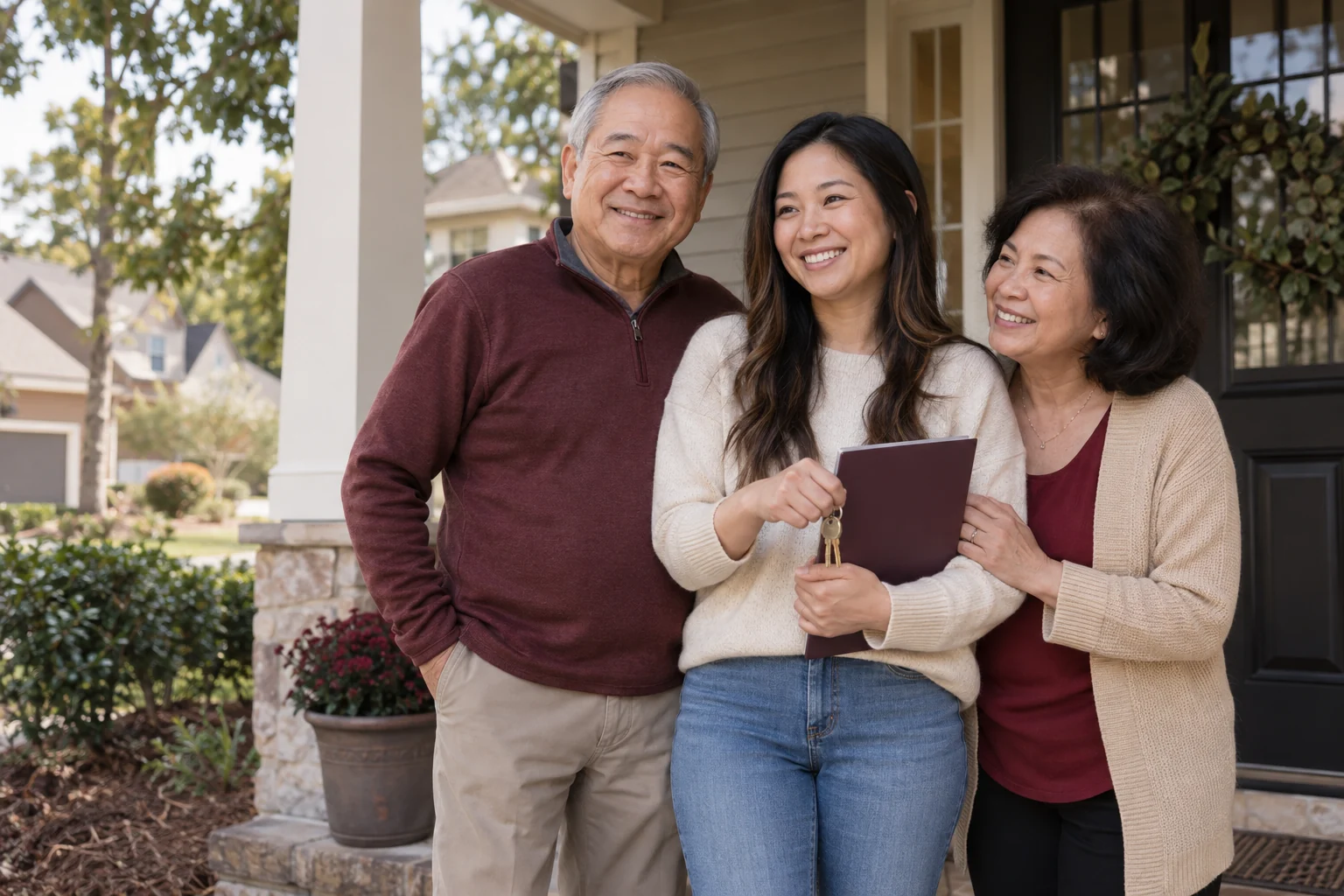 A Vietnamese American family outside their home with a folder and house keys
