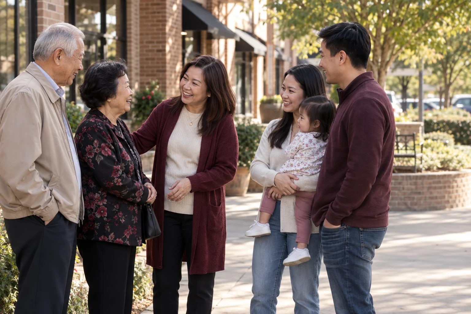 Vietnamese American neighbors of several generations greeting one another outside a local community plaza